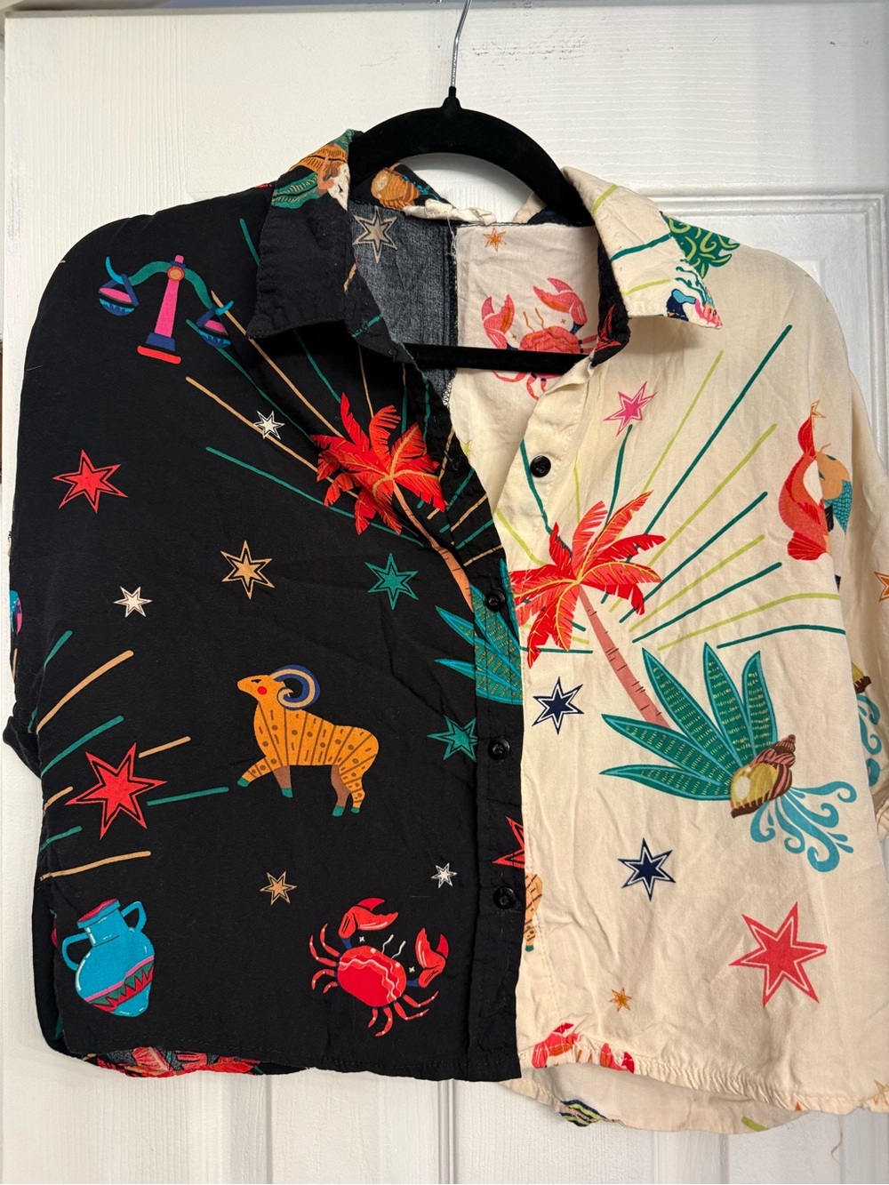 Two-Tone Tropical Button-Down Shirt - Black & Cream